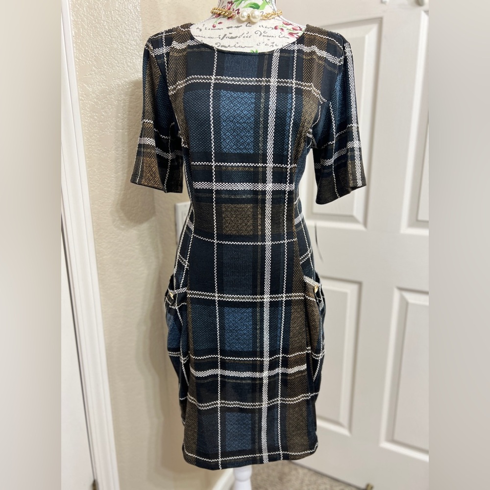 Enfocus Studio Navy and Brown Plaid Midi Dress